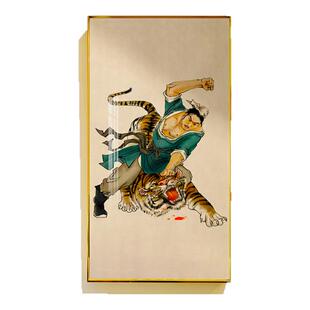 武松打虎图水浒挂画铝合金边框竖版中国风定制农村油画布复古民族