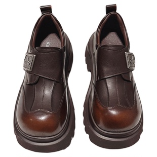 6CM增高~轻便厚底魔术贴乐福鞋春真皮配堆堆袜小皮鞋翘头德比鞋女