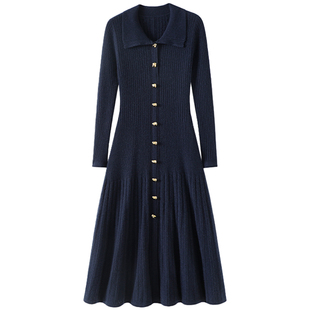 到哪都是焦点！100%纯山羊绒连衣裙子女POLO领纯羊绒毛衣长款裙子