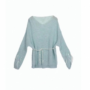 Missonep蝉【烟景】慵懒风V领套头羽毛设计宽松针织上衣女春季