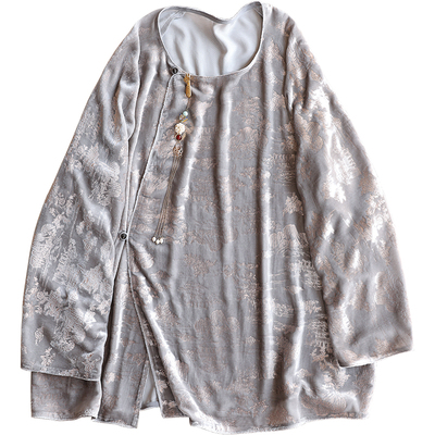 云澍真丝绒中式上衣斜襟圆领