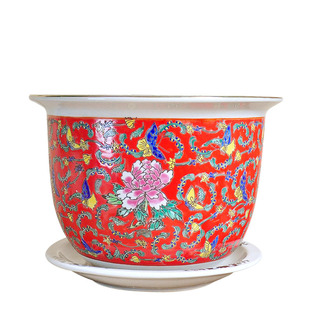 景德镇高档手绘粉彩陶瓷器花盆黄色万花阳台装饰树盆特大号室内兰