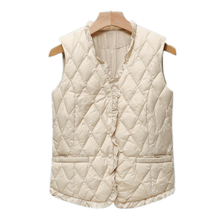 鸭鸭轻薄羽绒服马甲女小个子冬反季短款V领韩版鸭绒马夹背心外套L