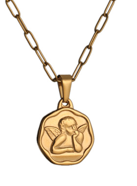 不掉色天使头像复古硬币项链