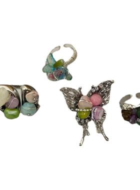 y2k夏天彩色天然石碧玺蝴蝶戒指