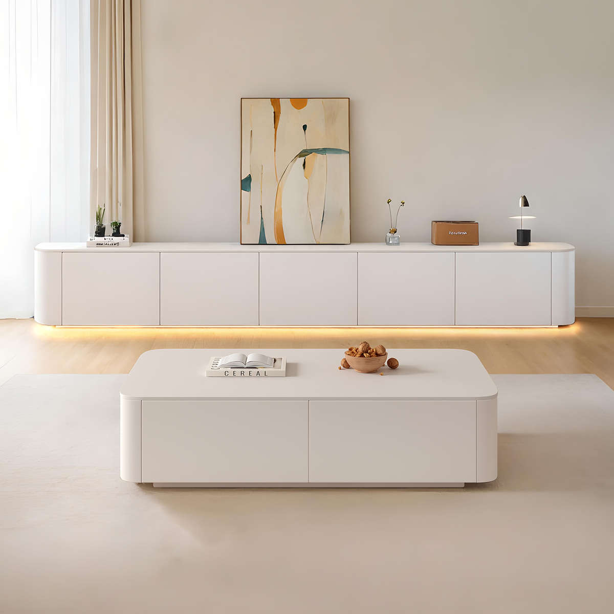 轻奢高款落地茶几电视柜组合简约现代小户型客厅实木卧室地柜白色