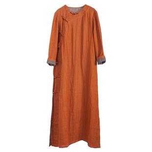 复古长袖圆领宽松亚麻枯叶黄袍子 长款斜襟盘扣连衣裙王菲同款春