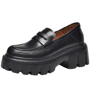 BeauToday厚底乐福鞋女真皮厚底鞋增高皮鞋女款松糕鞋一脚蹬单鞋