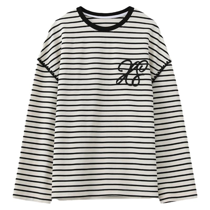 CV大码女装 秋季新款宽松圆领撞色条纹长袖T恤胖MM休闲刺绣上衣女