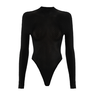 轻禾「暗香」网眼镂空连体衣露腰修身连裆三角打底衣内搭露背上衣