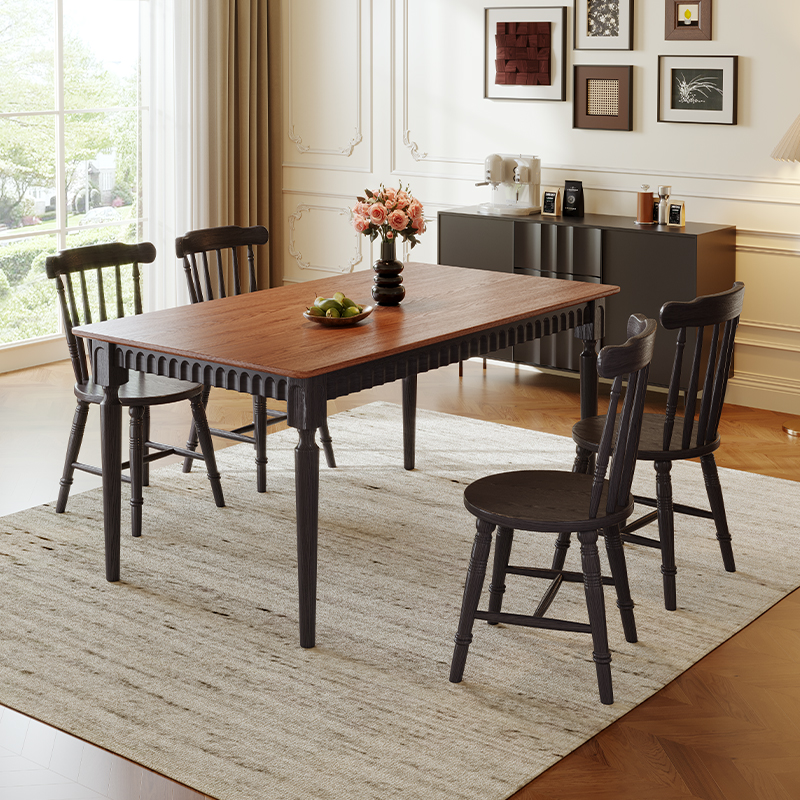 美式西餐桌白蜡木纹法式复古风实木餐桌椅小户型中古风长方形饭桌