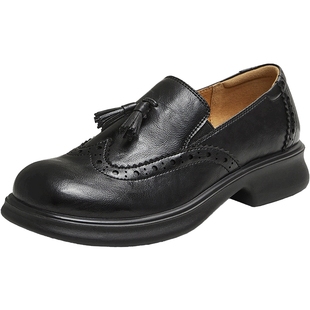 天美意2025秋新款厚底布洛克雕花流苏复古皮鞋女乐福鞋KE066CM5