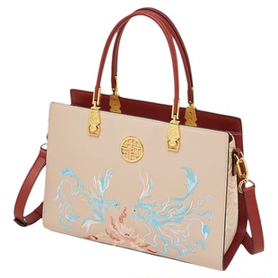 气质中式包包女式2026新款斜挎包大容量双凤凰国风刺绣手提送女友