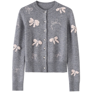 【绵羊毛】BANANA BABY2026年春新款甜美蝴蝶结提花刺绣针织开衫