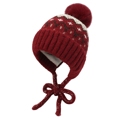 费尔岛风提花毛球针织护耳帽