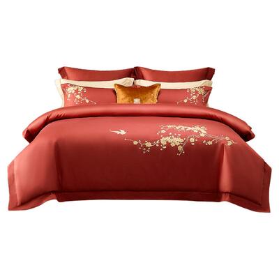 水星家纺婚庆四件套60支长绒棉刺绣贡缎结婚套件新中式婚嫁床品