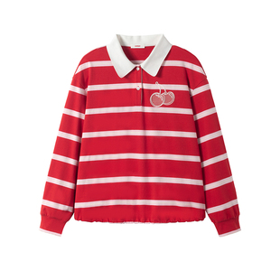 【陈小纭同款】樱桃KIRSH韩系撞色条纹长袖2026春季休闲polo上衣