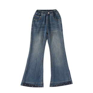 女童春秋2026裤子烫钻爆闪弹力牛仔裤中大儿童亮闪闪超好看喇叭裤