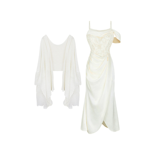 安妮不火 神女感蕾丝刺绣缎面鱼骨礼服裙微胖大码气质千金连衣裙