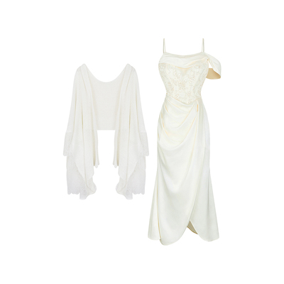 安妮不火 神女感蕾丝刺绣缎面鱼骨礼服裙微胖大码气质千金连衣裙