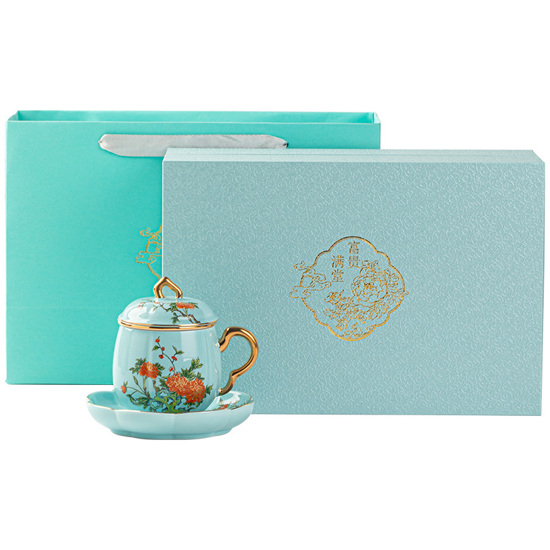 西湖蓝釉描金富贵满堂马克杯