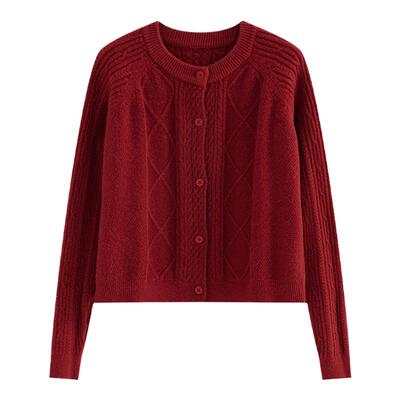 故岛百搭复古红色毛衣开衫外套女秋冬小个子短款麻花针织衫上衣女