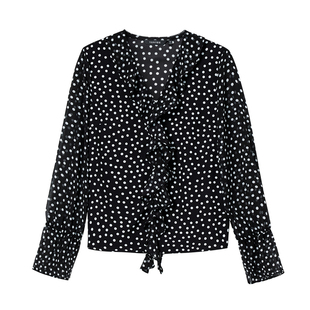 颜域波点雪纺衬衫女2026春新款V领荷叶边收腰显瘦喇叭袖气质上衣