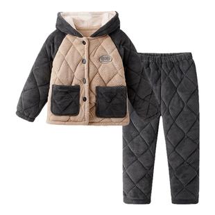 英氏儿童棉服男童女童冬季加厚上衣棉裤带帽分体洋气保暖居家棉袄