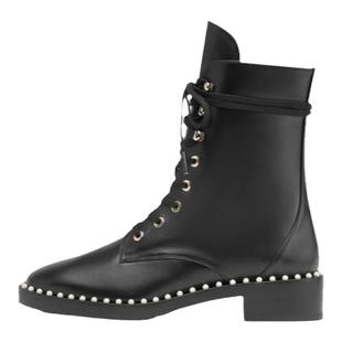 SW SONDRA 秋冬英伦风马丁靴珍珠装饰系带低方跟短靴女骑士靴