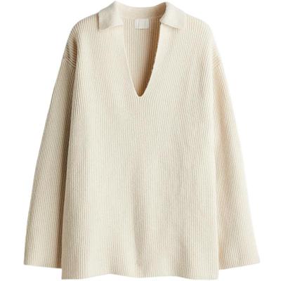 HM女装毛针织衫冬季v形开口宽松气质有领套衫1242137