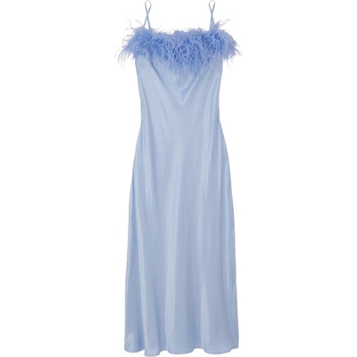 Sleeper 春夏女蓝色凉感羽毛边饰缎面连衣裙