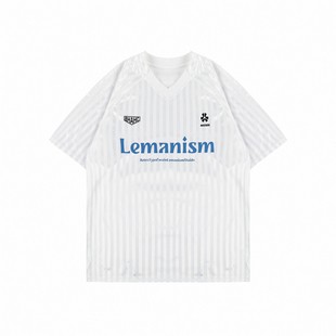 lemanism美式复古球衣风足球短袖t恤男款V领条纹红色球服情侣上衣