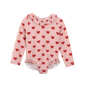 允儿妈女童UPF50+防晒速干泳衣泳帽套装宝宝夏季花边镂空长袖泳装