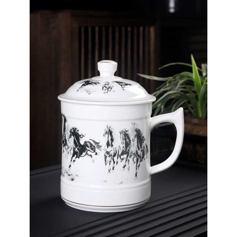 900ml大杯子带盖德化陶瓷杯办公室大容量水杯青花瓷大号泡茶茶杯