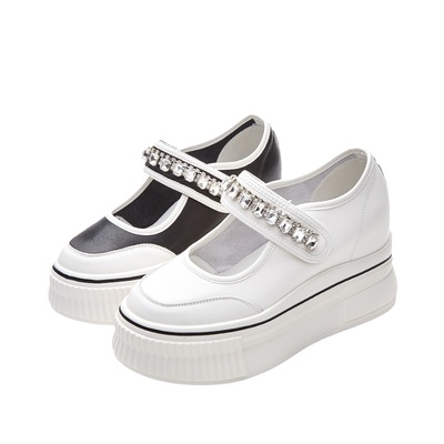 真皮厚底水钻玛丽珍鞋小个子