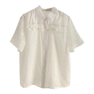 宽松甜美排扣短袖雪纺喇叭袖衬衫