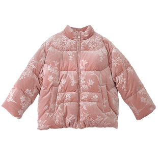 知了童装 新中式复古丝绒压花棉服短款加厚冬装棉衣外套女童53325