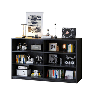 实木书架落地置物架一体靠墙格子柜展示收纳黑色矮书柜储物柜一体