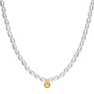 周六福S925银淡水珍珠项链优雅金珠套链长米珠新年礼物送妈妈