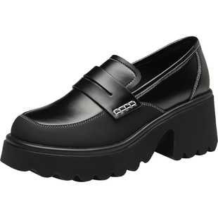 艾斯臣厚底乐福鞋女新款春秋英伦风百搭粗跟单鞋女一脚蹬