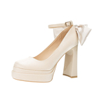 香槟色高跟鞋女粗跟防水台缎面主婚鞋新娘鞋一字带圆头玛丽珍单鞋