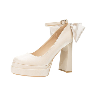 香槟色高跟鞋女粗跟防水台缎面主婚鞋新娘鞋一字带圆头玛丽珍单鞋