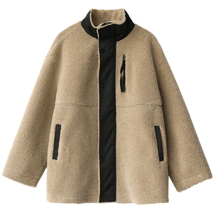 CV大码女装 街头中性休闲宽松立领撞色羊羔毛绒外套女冬季中长款
