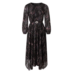 谷邦印花长袖连衣裙女2026春秋新款雪纺收腰显瘦中长款百褶裙子