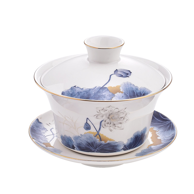 浮雕花纸高白釉真金描八宝盖碗茶