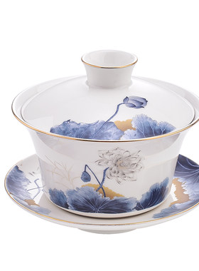 浮雕花纸高白釉真金描八宝盖碗茶