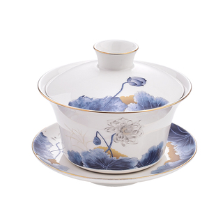 八宝茶特大号盖碗300ml单个白瓷茶杯三泡台茶具三才泡茶碗青花瓷