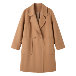 特卖法式优雅赫本风轻奢驼色羊毛双面呢大衣外套女长款64082143