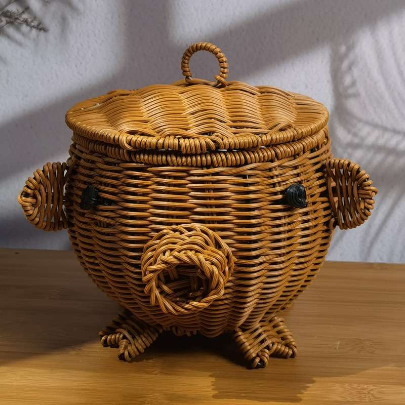 铁架带盖猪头藤编动物水果篮子仿动物篮水果篮竹编藤收纳篮动物筐