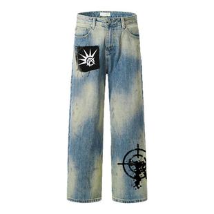 梁拌泡菜【和平杀手】直筒深色阔腿牛仔裤嘻哈做旧复古裤子男女潮